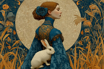 Fantasy girl with rabbit under full moon, art nouveau vintage style 

