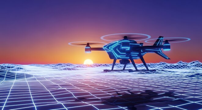 Futuristic drone soaring above a digital grid landscape at sunset creating a science fiction