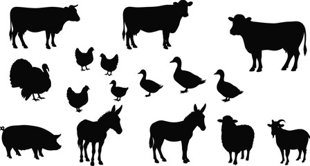 Farm animal silhouettes collection, cow, pig, sheep, donkey, goat, turkey, duck, chicken, livestock vector, black illustration, agriculture clipart