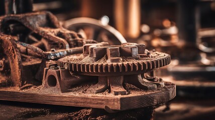 Close-up of an antique industrial machine covered in cocoa dust