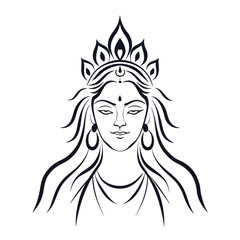 Elegant Line Art Depiction of a Hindu Goddess Adorned with Intricate Jewelry and a Crown with Graceful Hairstyle