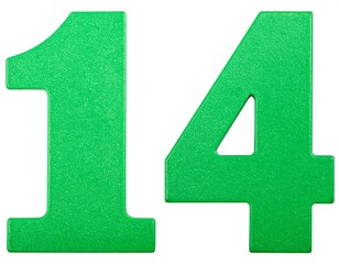 Bright, vibrant green numbers 14, isolated on a pure white background.
