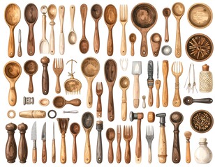 A comprehensive collection of vintage wooden kitchen utensils and tools, depicted in warm, earthy tones and detailed watercolor style, set against a crisp white backdrop.