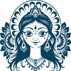 Serene Goddess Illustration A Striking Monochromatic Depiction of Divinity and Traditional Feminine Beauty Radiating Tranquility