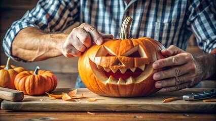 Man carving a jackolantern with a knife on a wooden table, surrounded by pumpkins and autumn leaves, preparing for halloween