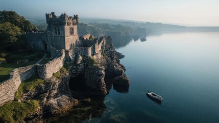 Dramatic coastal castle ruins overlooking serene waters a historical fantasy destination