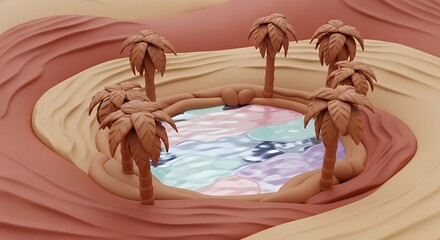 Surreal Desert Oasis with Palm Trees and Iridescent Water Illustration for Travel and Relaxation Themes Artificially Rendered Scene
