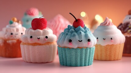 Whimsical array of cupcakes with cute faces and cherry toppings against a soft pink backdrop, evoking feelings of joy and sweetness.
