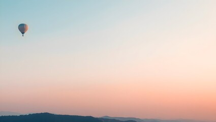 Fototapeta premium Premium tourism design 4K with hot air balloon rising in sky and wide pastel peach blue copy space area