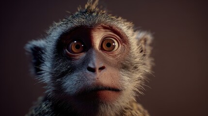 Close-up portrait of a monkey with large, expressive eyes, capturing its curious and slightly apprehensive demeanor. The light accentuates fur textures.