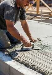 Construction worker smoothing wet concrete surface for a new foundation project outdoors