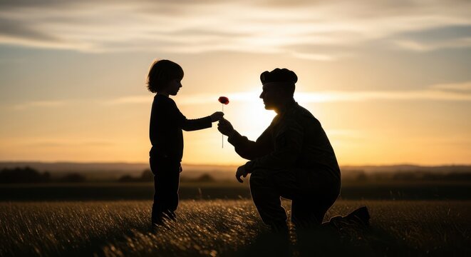 Touching silhouette: Child offering a flower to uniformed parent against sunset field remembrance - Powered by Adobe