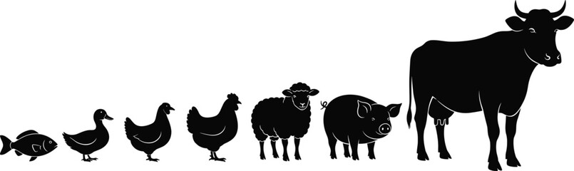Farm animals silhouette illustration, cow, pig, sheep, chicken, duck, fish vector, livestock farming design, poultry agriculture, domestic animal icons