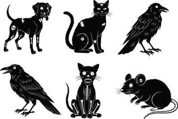 Halloween spooky animal silhouettes vector set featuring skull pets, creepy cats, eerie ravens, horror rats in dark cartoon style