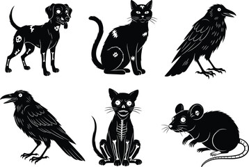 Fototapeta premium Spooky Halloween animal skeletons vector set featuring skull cats, creepy ravens, eerie rats, and gothic pets in dark cartoon style
