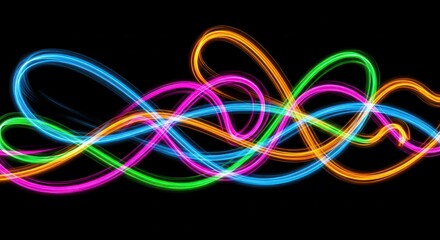 Vibrant trails of intertwined light painting, creating a dynamic glowing pattern on black background