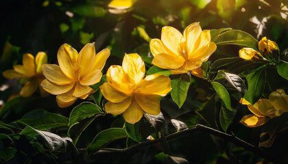 Obraz premium yellow blossoms illuminated by sunlight amidst dark green foliage