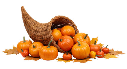 Autumn cornucopia with bright orange pumpkins png isolated on transparent background