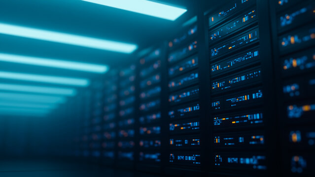 Big data center server racks hardware data network host room storage systems technology. 3d rendering.