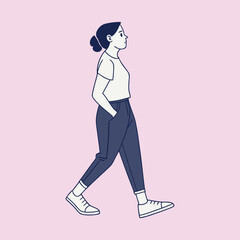 Lady's Calm Stroll: A minimalist illustration depicts a composed young lady in relaxed attire taking a leisurely stride, suggesting a calm and mindful approach.