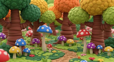 Fototapeta premium Whimsical Clay Forest Scene with Colorful Mushroom and Tree Sculptures Bringing a Playful and Artistic Touch to Childrens Illustrations and Fantasy Art Projects