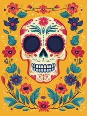 Mexican skull illustration with a floral border on a yellow background. Illustration for day of the dead poster