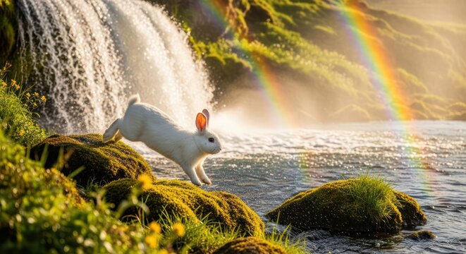 Whimsical landscape featuring a leaping white rabbit waterfall and vibrant rainbow backdrop - Powered by Adobe