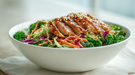 Asian style chicken salad with broccoli, carrot, red cabbage and sesame seeds in white bowl close up 
