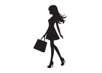 shopping girl logo silhouette vector, woman shopping girl silhouette vector illustration, fashion shopping girl silhouette logo, woman carrying shopping bags logo silhouette vector on white background