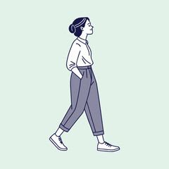 A Woman's Stroll: Simple illustration of a woman striding with a relaxed confidence against a clean backdrop, her posture and gaze capturing a sense of calm.
