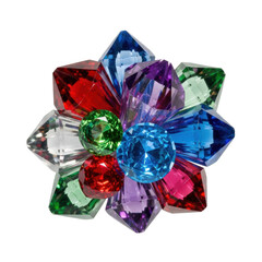 Polished, translucent crystalline fragments in vibrant jewel tones, sharp facets reflecting light, macro shot on a transparent background with copy space, concept of luxury and refined beauty