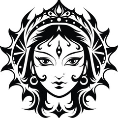 Striking Black and White Vector Artwork of an Indian Goddess with Intricate Details and Tribal Elements