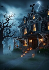 Eerie mansion illuminated by moonlight, a spooky Halloween night celebration scene for mystery