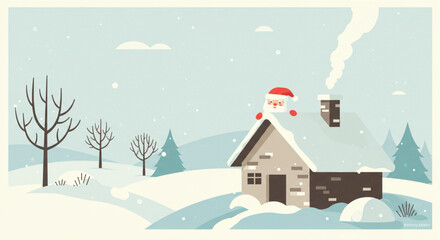 Fototapeta premium Snowy winter scene with Santa on a cozy cabin roof.