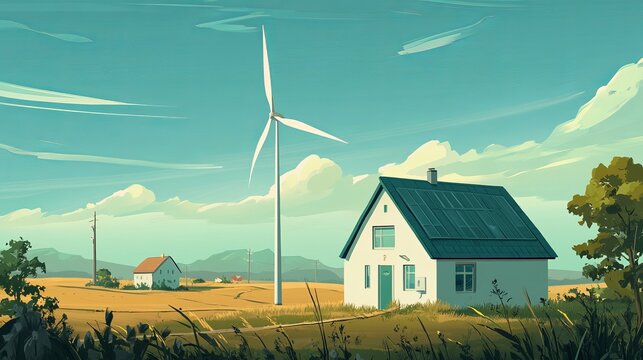 Rural landscape with wind turbine and homes