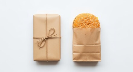 A brown paper wrapped gift with twine and a bread roll in a paper bag, isolated on white background