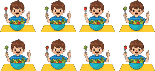 Happy child eating salad, healthy vegetables, smiling boy, cartoon lunch, kids nutrition, balanced diet, fun food, thumbs up, colorful meal, joyful eating
