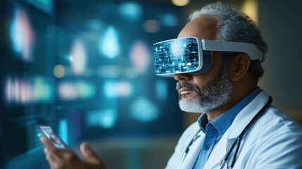 Doctor explores medical data using virtual reality headset in an advanced healthcare setting