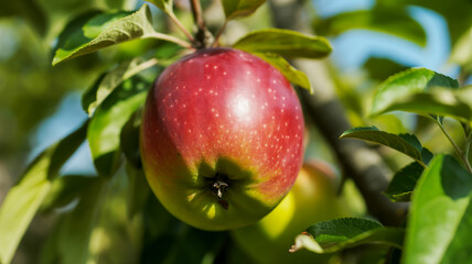 Obraz premium Detailed View of a Red Apple on a Tree Branch in Sunlight