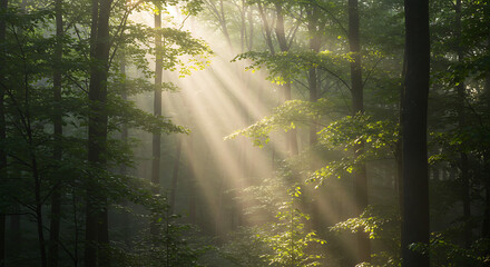 Fototapeta premium Sun rays shining through tall forest trees, creating a magical and tranquil woodland scene.