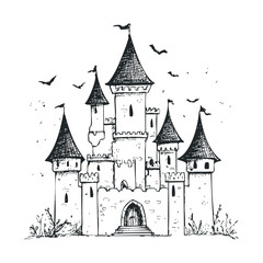 Enchanted castle surrounded by bats at twilight for fantasy design. Halloween vector illustration