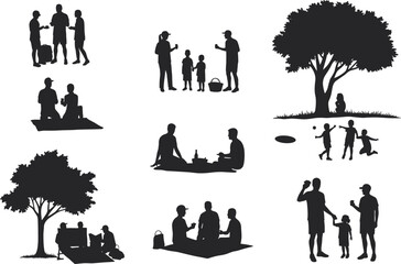 Family picnic silhouettes, people relaxing outdoors, children playing, parents with kids, sitting under tree, leisure time, summer activity, friends gathering, black vector design, outdoor lifestyle