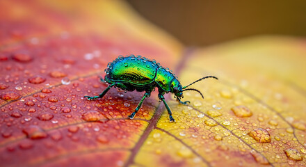 Emerald Jewel Beetle on Dewy Autumn Leaf - A Macro Study of Iridescent Beauty.