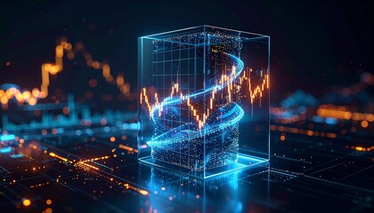 Abstract Financial Data Visualization: Glowing Spiral in Cube with Candlestick Chart