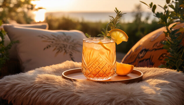 summer cocktail bohemian a refreshing cocktail on soft cushions capturing a cozy outdoor setting with warm lighting and vibrant colors