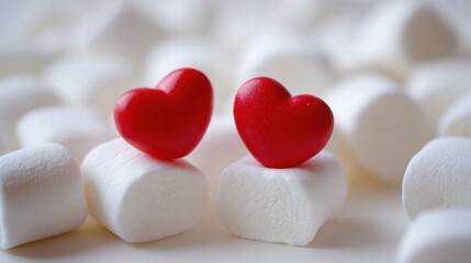 Obraz premium Red Hearts Resting on White Marshmallows in Cozy Love-Themed Flatlay