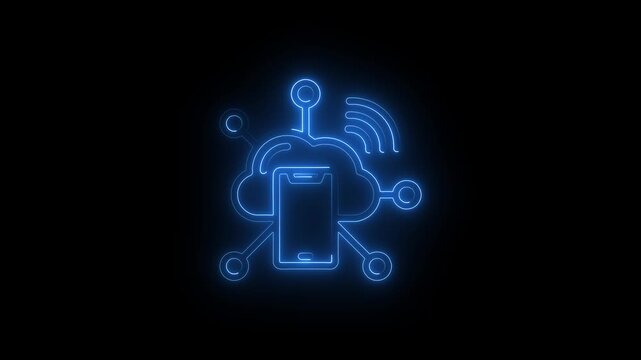 Neon Blue Cloud Network Connected to Smartphone and Wi- Fi Signals Digital Technology Concept cloud computing