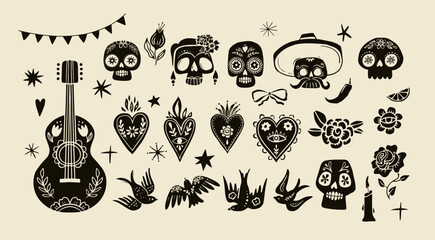 Collection of Mexican, Latin, South America elements, black silhouettes icons, hand drawn illustrations with Mexican skulls, sacred hearts, birds,flowers, cactus and more icons