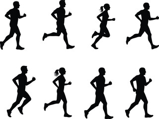 Running people silhouette vector set, jogging men and women, fitness exercise, marathon athletes, outdoor workout training illustration for sports, health, wellness design
