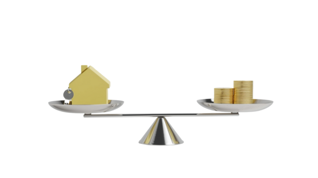Symbolic Balance House and Golden Coin Depicts Investment and Real Estate